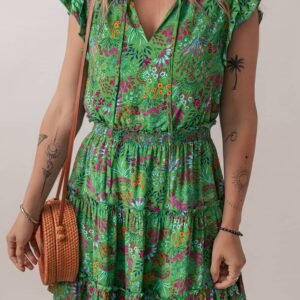 Green Floral Tie Split Neck Frilly Ruffle Trim Tiered Short Dress