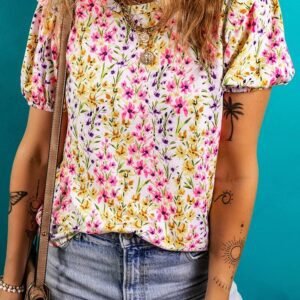 Pink Floral Puff Short Sleeve Crewneck Blouse