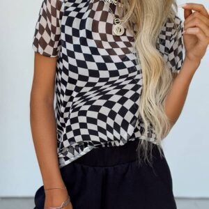 Black Checker Mesh Crew Neck T Shirt