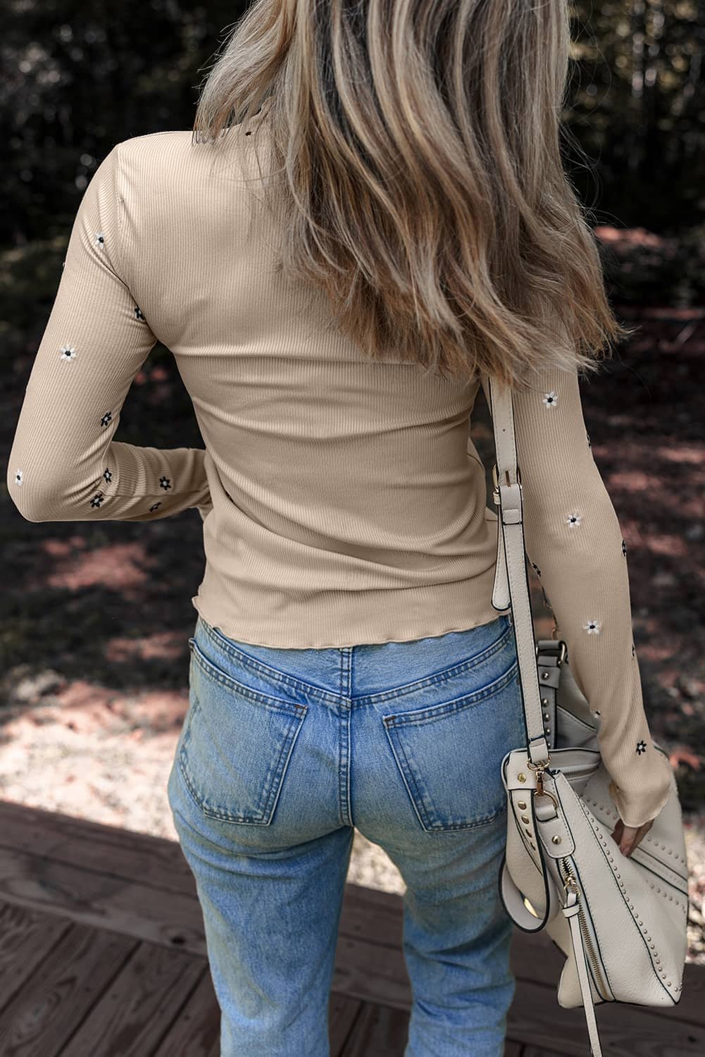 Jet Stream Floral Embroidered Detail Ribbed Long Sleeve Top