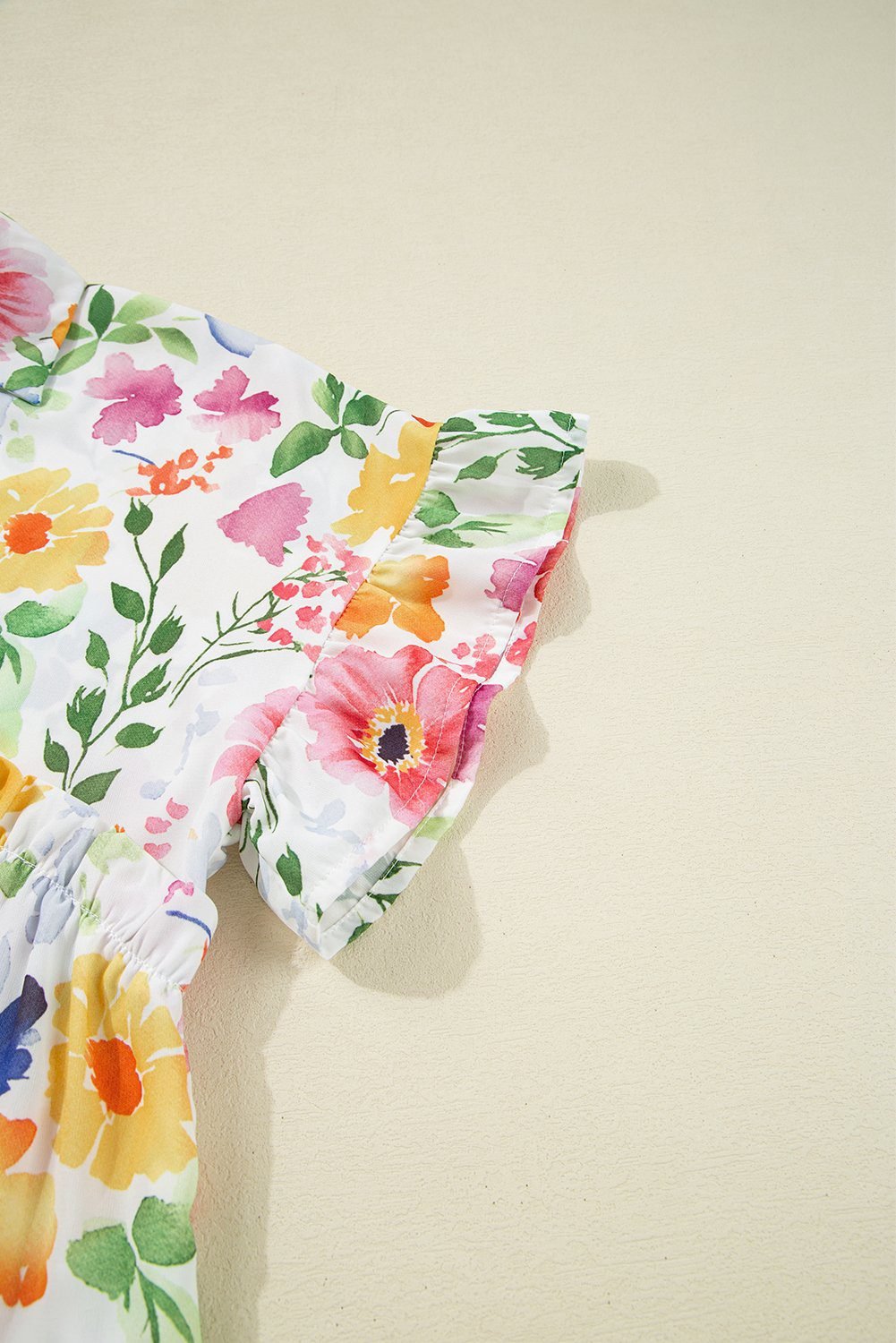 Yellow Floral Boxy Fit Ruffled Short Sleeve V Neck Blouse