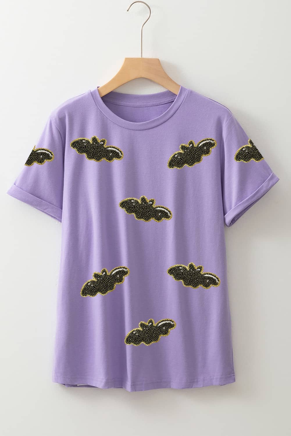 Wisteria Sequin Halloween Bat Patched Casual T Shirt
