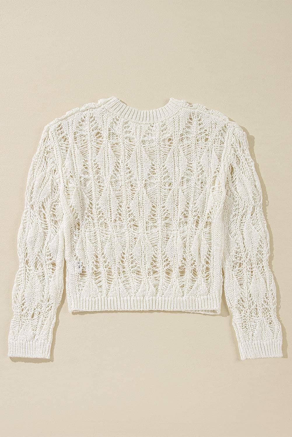 White Cut Out Crochet Crew Neck Loose Fit Sweater