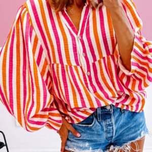 Orange Stripe Balloon Sleeve Notched V Neck Buttoned Front Blouse