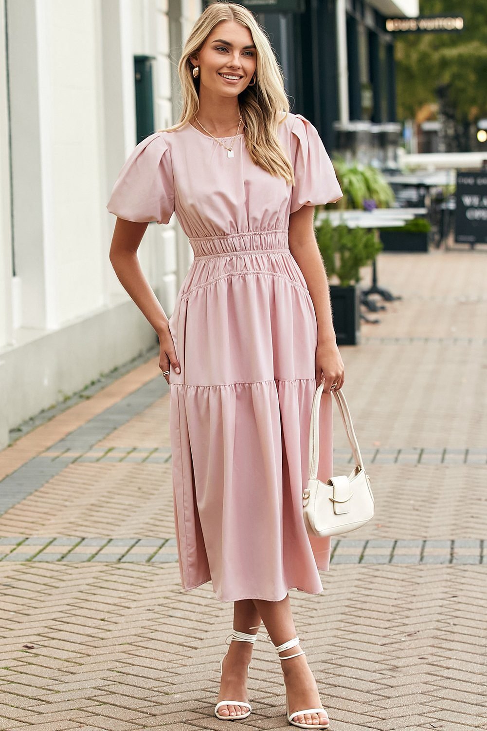 Pink Puff Sleeve Pleated High Waist Flowy Midi Dress