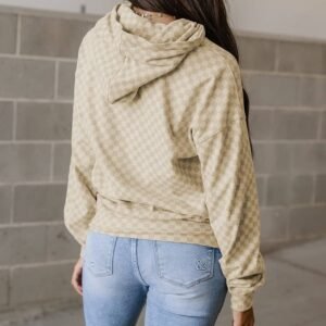 Khaki Checkered Print Kangaroo Pocket Drawstring Hoodie
