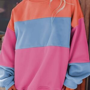 Bright Pink Colorblock Patchwork Drop Shoulder Sweatshirt