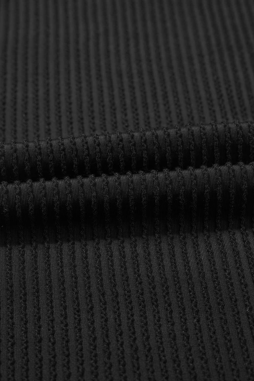 Black Solid Color Corded Short Sleeve Top And Casual Pants Set