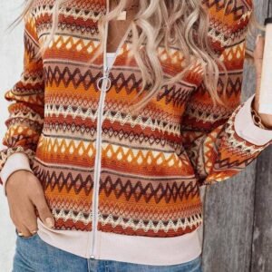 Orange Boho Striped Zip Up Long Sleeve Jacket