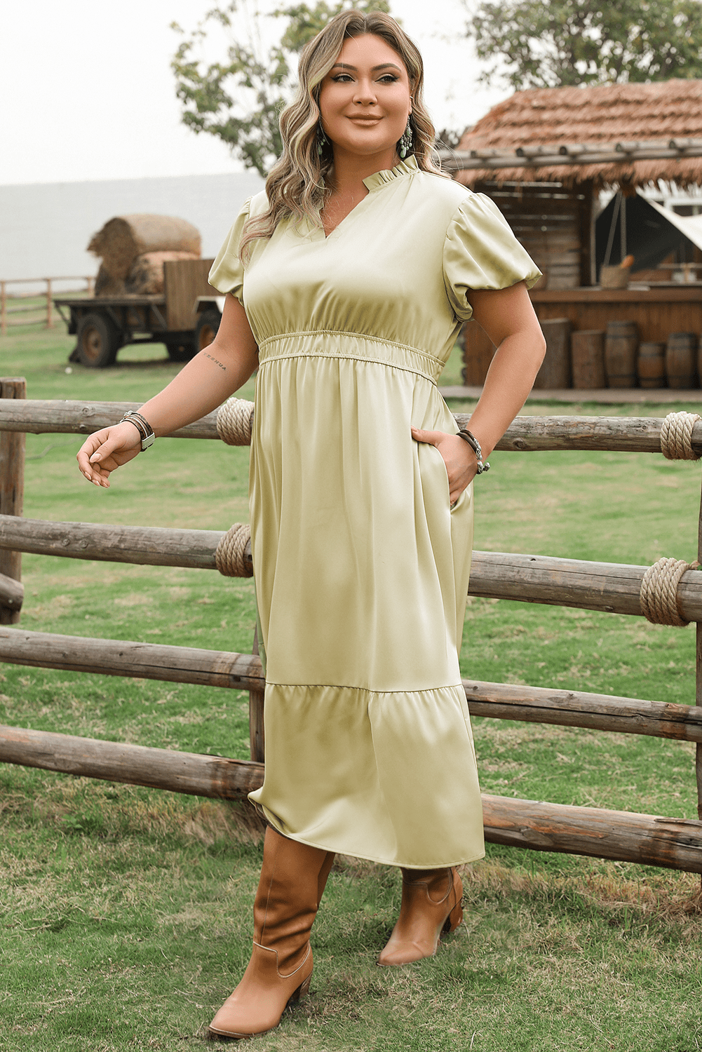 Laurel Green Notched V Neck Puff Sleeve Tiered Plus Size Maxi Dress
