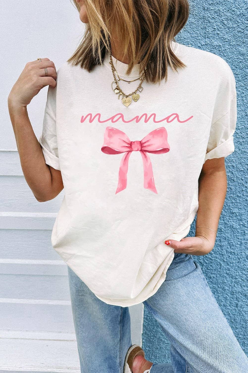 White Mama Bowknot Graphic Crewneck Tee