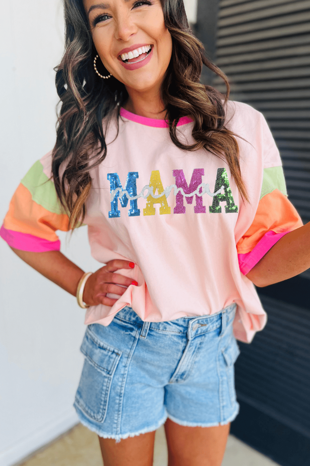 Pink Sequin Mama Letter Graphic Color Block Patchwork Sleeve Tee