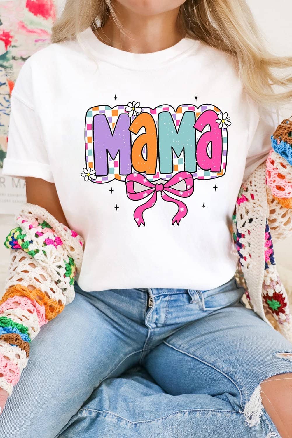 White Cute Mama Bow Graphic Crewneck T Shirt