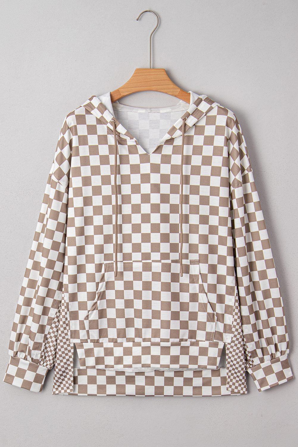 Khaki Double Checkered Patchwork Tie Neck Oversize Hoodie
