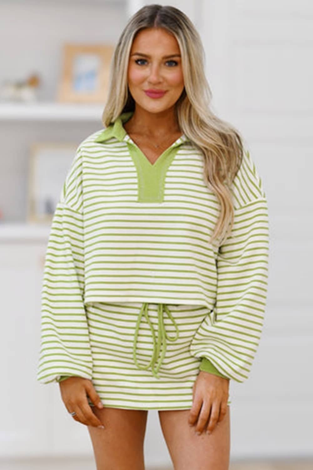 Green Stripe Collared V Neck Drop Shoulder Pullover And Skort 2Pcs Outfit
