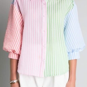 Pink Stripe Color Block Balloon Sleeve Buttoned Loose Fit Shirt