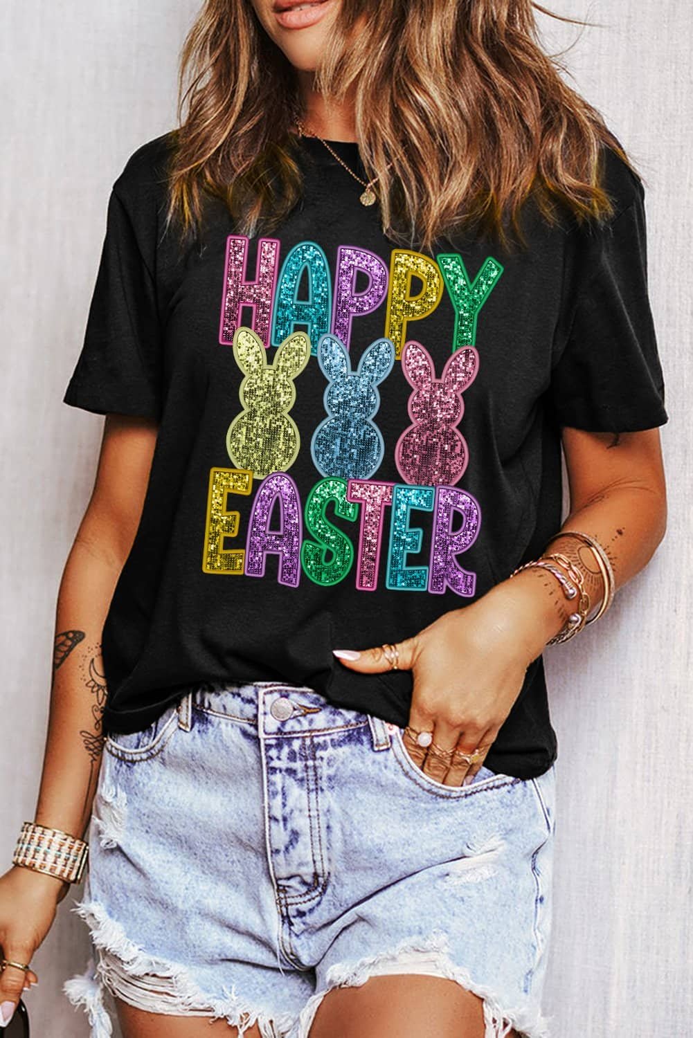 Black Glittering Bunny Happy Easter Graphic T Shirt