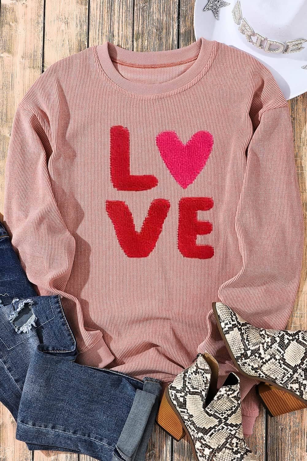 Pink Valentines Love Chenille Embroidered Corded Sweatshirt