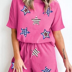 Rose Red Waffle Sequin American Flag Star Graphic 2 Piece Shorts Set
