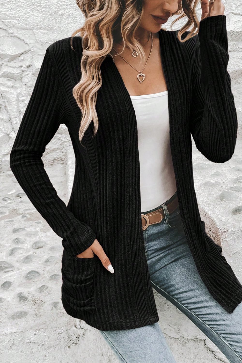 Black Ribbed Open Front Knitted Top With Pockets