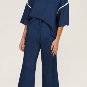 Navy Blue Contrast Trim Half Sleeve Top Drawstring Pants Loose 2Pcs Sweater Suit