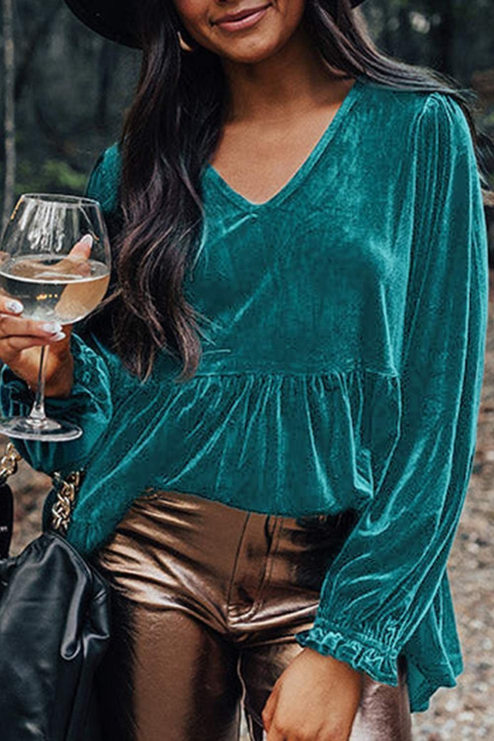 Sea Green Velvet V Neck Peplum Hem Puff Sleeve Blouse