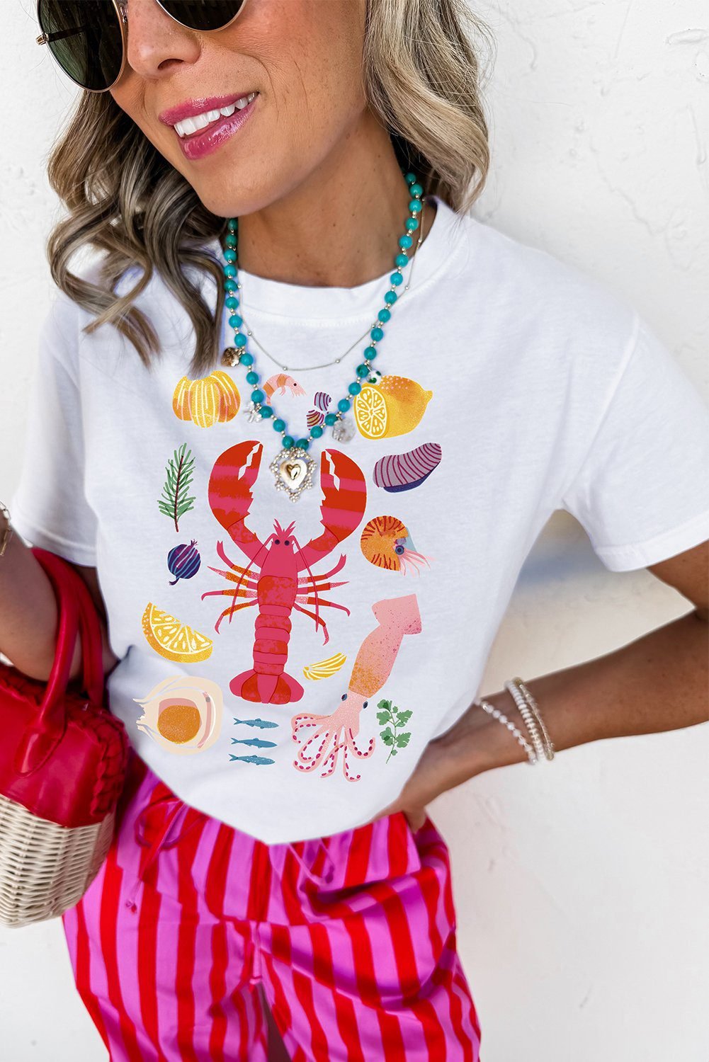 White Crawfish Food Ingredient Graphic Crewneck Tee