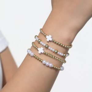 White Cross Pearl Decor Beaded Elastic Multi Layered Bracelet