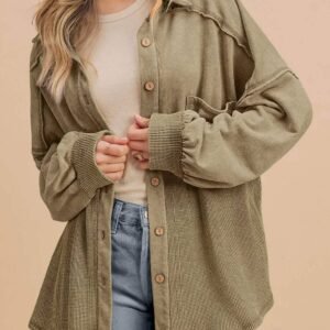 Moss Green Waffle Knit Patchwork Buttoned Oversized Shacket