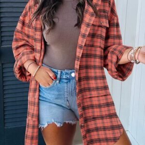 Red Plaid Long Sleeeve Side Split Distressed Hem Shirt