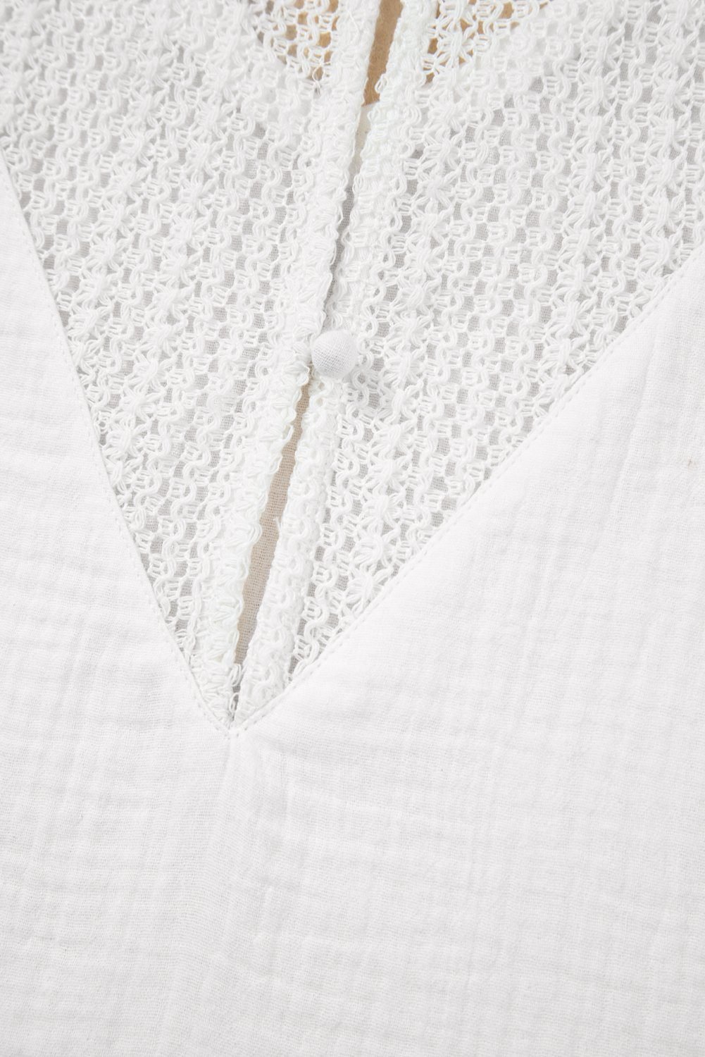 White Lace Crochet Textured Button Back V Neck T Shirt