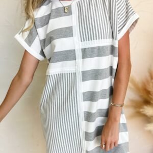 Gray Stripe Mixed Printed Short Sleeve Shift Mini T Shirt Dress