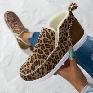 Brown Leopard Print Ankle Patched Flat Winter Fur Boots