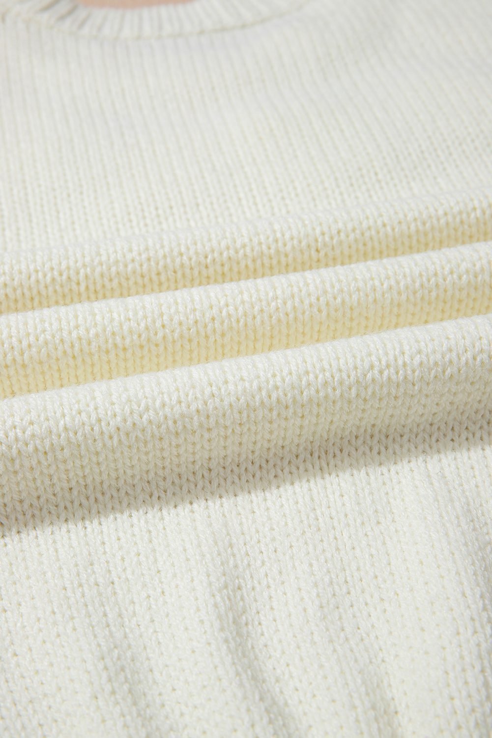 White Flower Detail Round Neck Contrast Textured Puff Sleeve Sweater