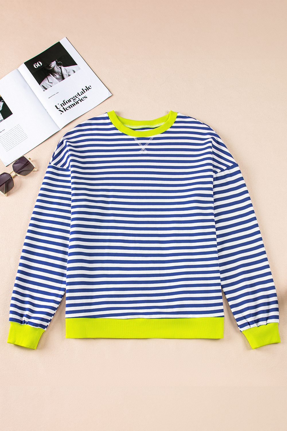 Sky Blue Stripe Striped Contrast Ribbed Trim Drop Shoulder Baggy Sweatshirt