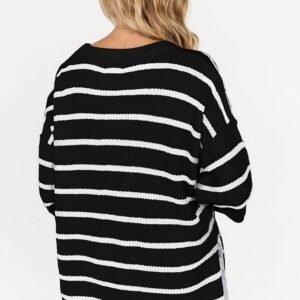 Black Stripe Henley Buttoned Placket Drop Shoulder Bracelet Sleeve Knit Sweater Tee