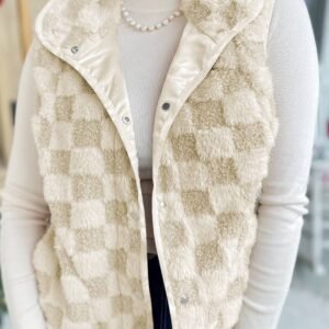 Khaki Sherpa Checkerboard Snap Button Vest Jacket With Pocket