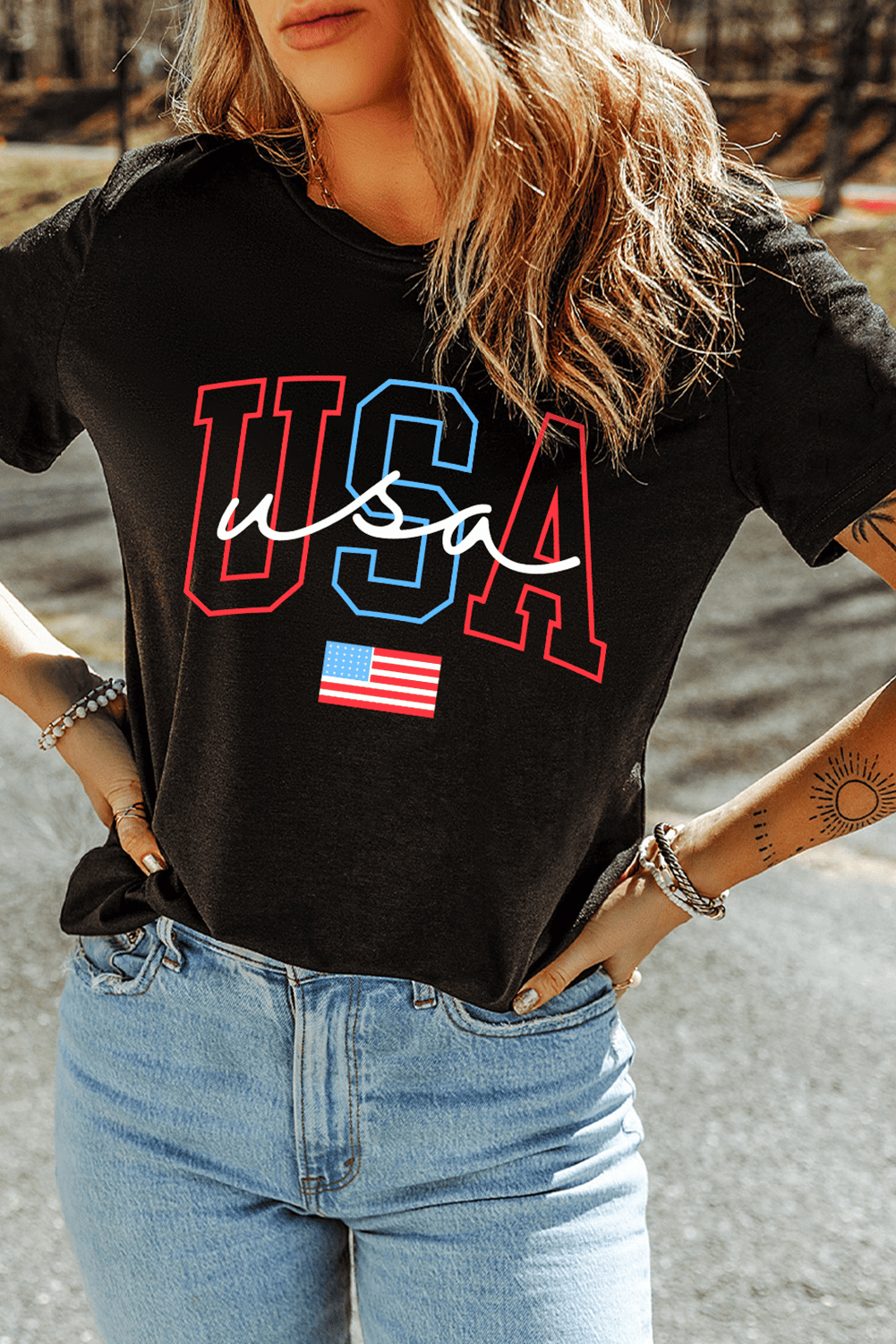 Black Usa Letter American Flag Print Casual T Shirt