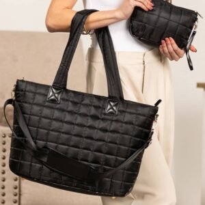 Black Quilted Patchwork Large Tote Bag And Clutch 2Pcs Set
