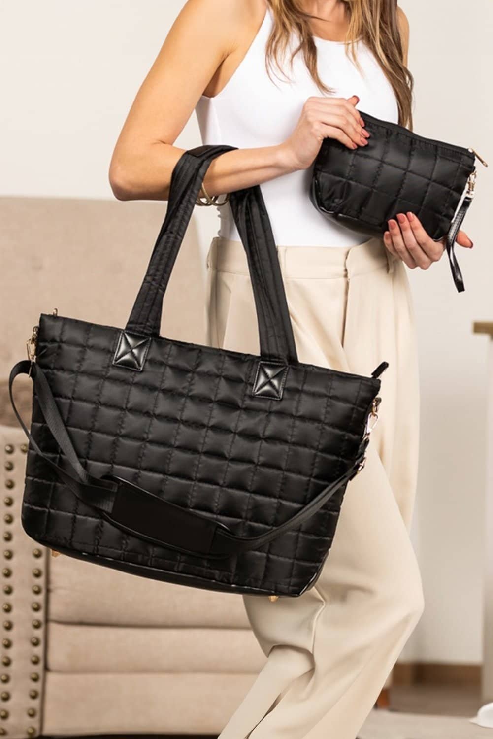 Black Quilted Patchwork Large Tote Bag And Clutch 2Pcs Set