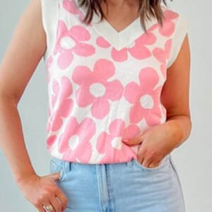 Pink Cute Flower Knitted V Neck Tank Top