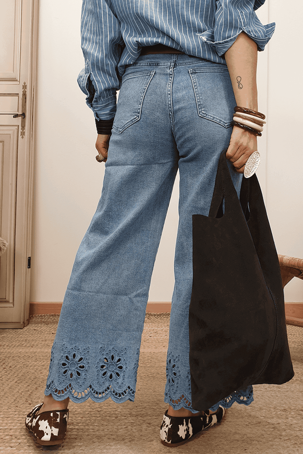 Dusk Blue Embroidered Cropped Wide Leg High Waist Jeans