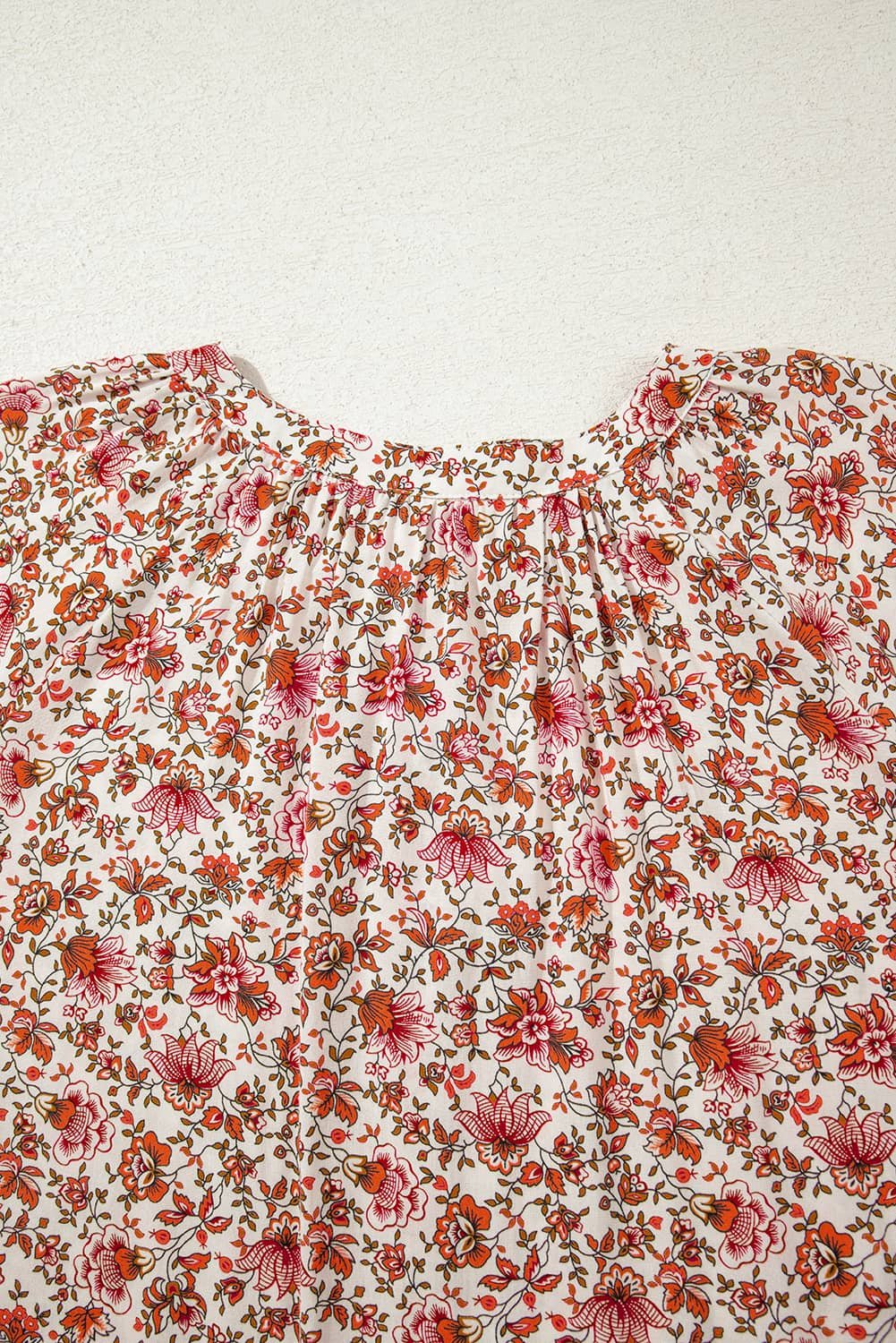 Red Floral Print Pleated Detail Notched Neck Puff Sleeve Blouse