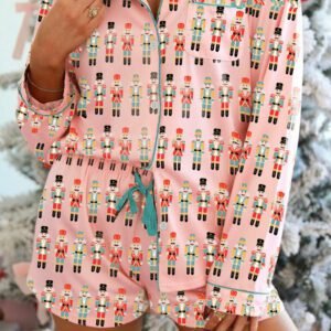 Pink Nutcracker March Long Sleeve Button Up 2Pcs Pajama Short Set