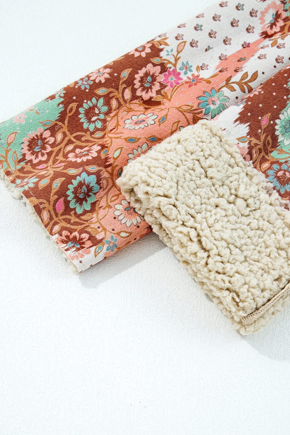 Khaki Vintage Floral Printed Sherpa Lined Hooded Jacket