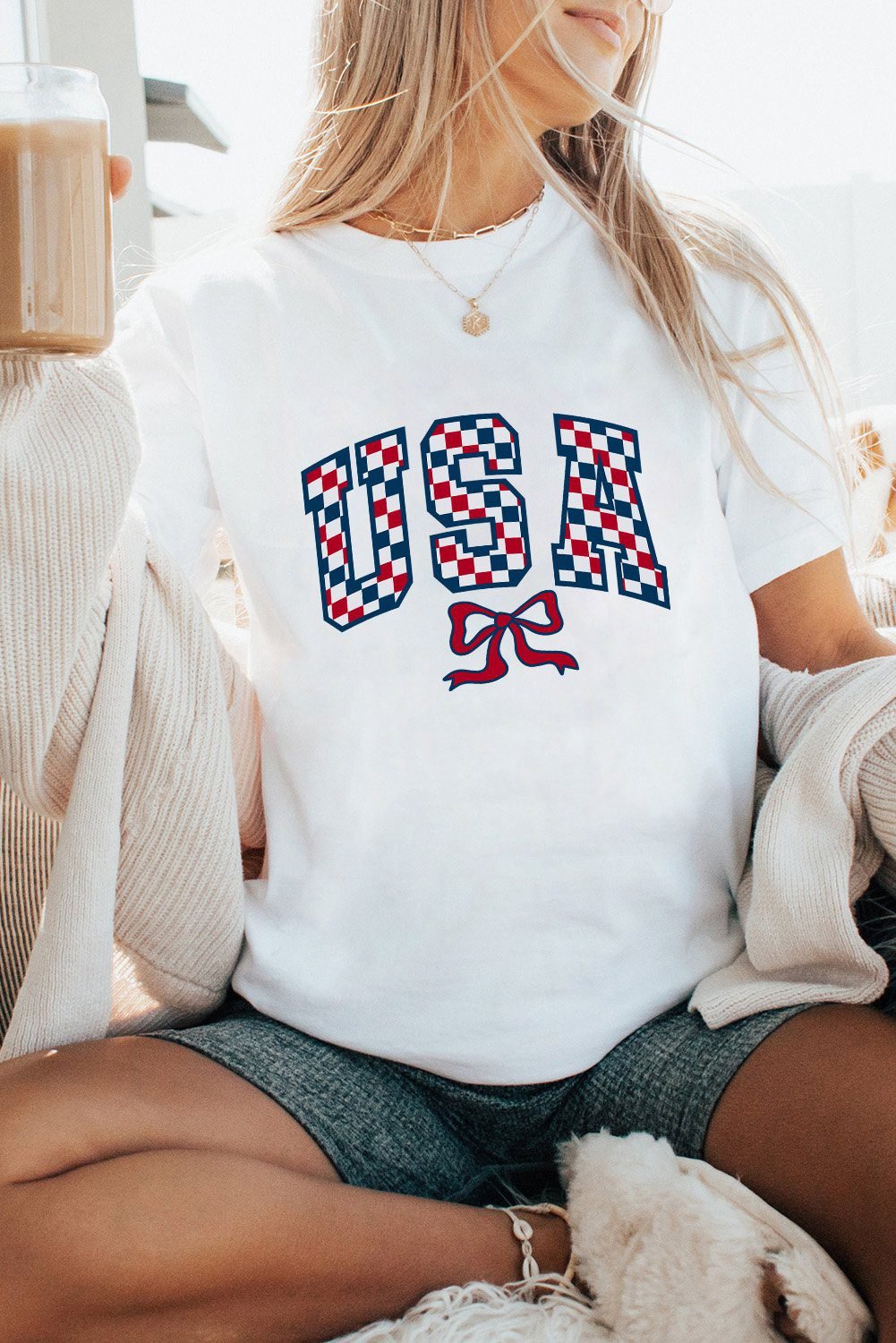 White Checkered Usa Graphic Casual Tee