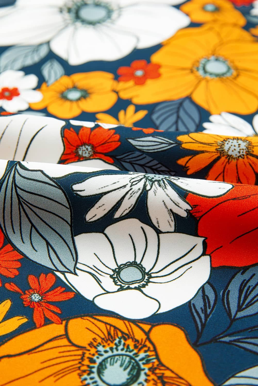 Orange Floral Print Striped Lace V Neck Long Sleeve Mini Dress