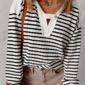 Black Stripe Textured Hooded V Neck Casual Long Sleeve Top