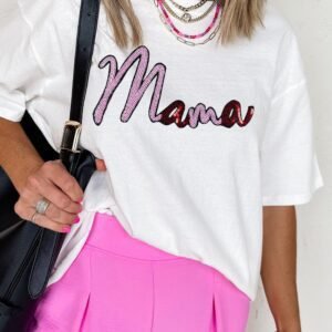 White Sequin Mama Graphic Crewneck T Shirt