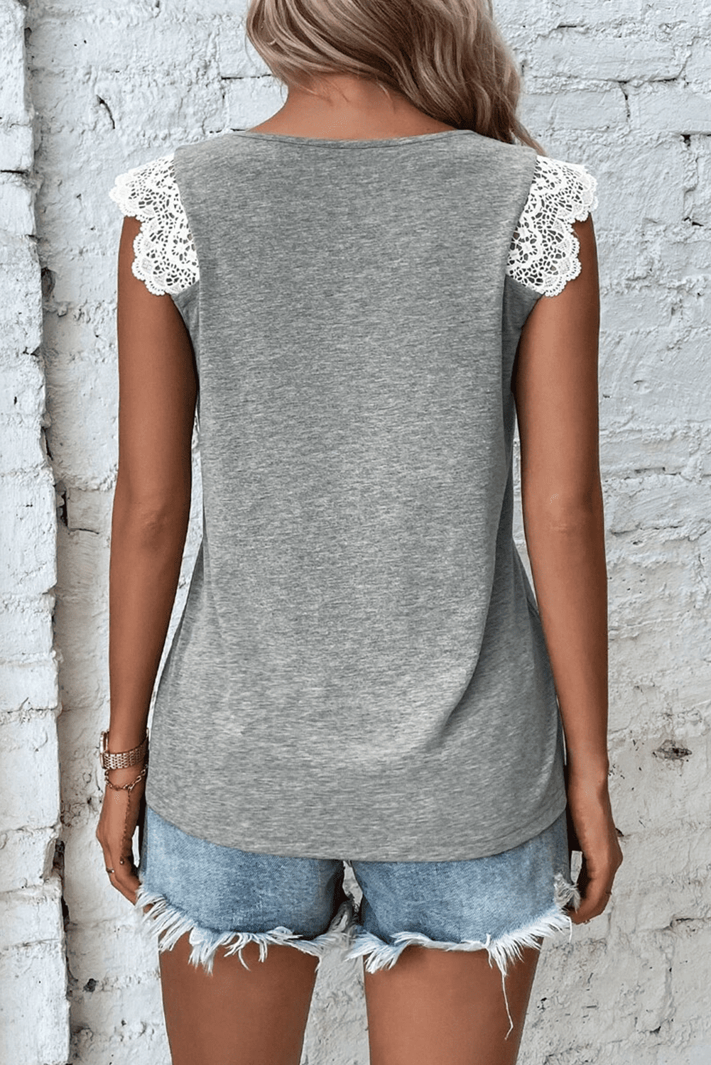 Gray Lace Patchwork Criss Cross V Neck Tank Top